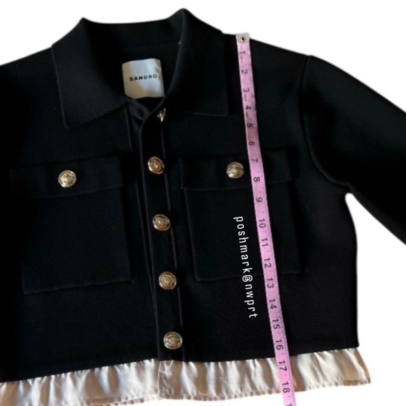 SANDRO Haylo Coatigan Ruffle Hem Knit Cardigan Sweater Jacket Black Cream XS 0 - Picture 12 of 15